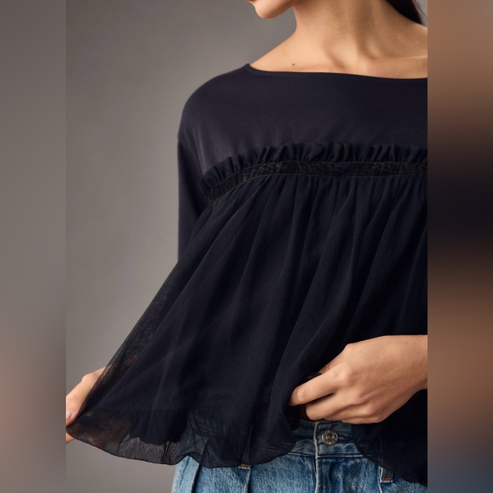 Anthropologie MAEVE Top Tulle with Ribbon Trim Crop sz S Black FEMININE GIRLY - Picture 2 of 7